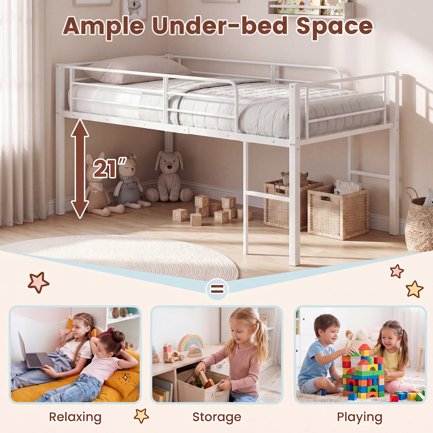 Twin Size Low Loft Bed with Safety Guardrails and 2 Ladders, White Bunk Bed Frame at Gallery Canada
