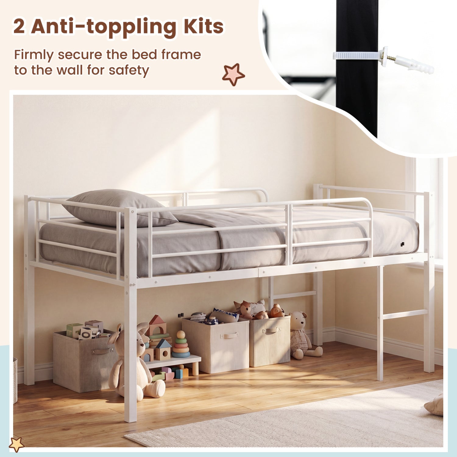 Twin Size Low Loft Bed with Safety Guardrails and 2 Ladders, White Bunk Bed Frame at Gallery Canada