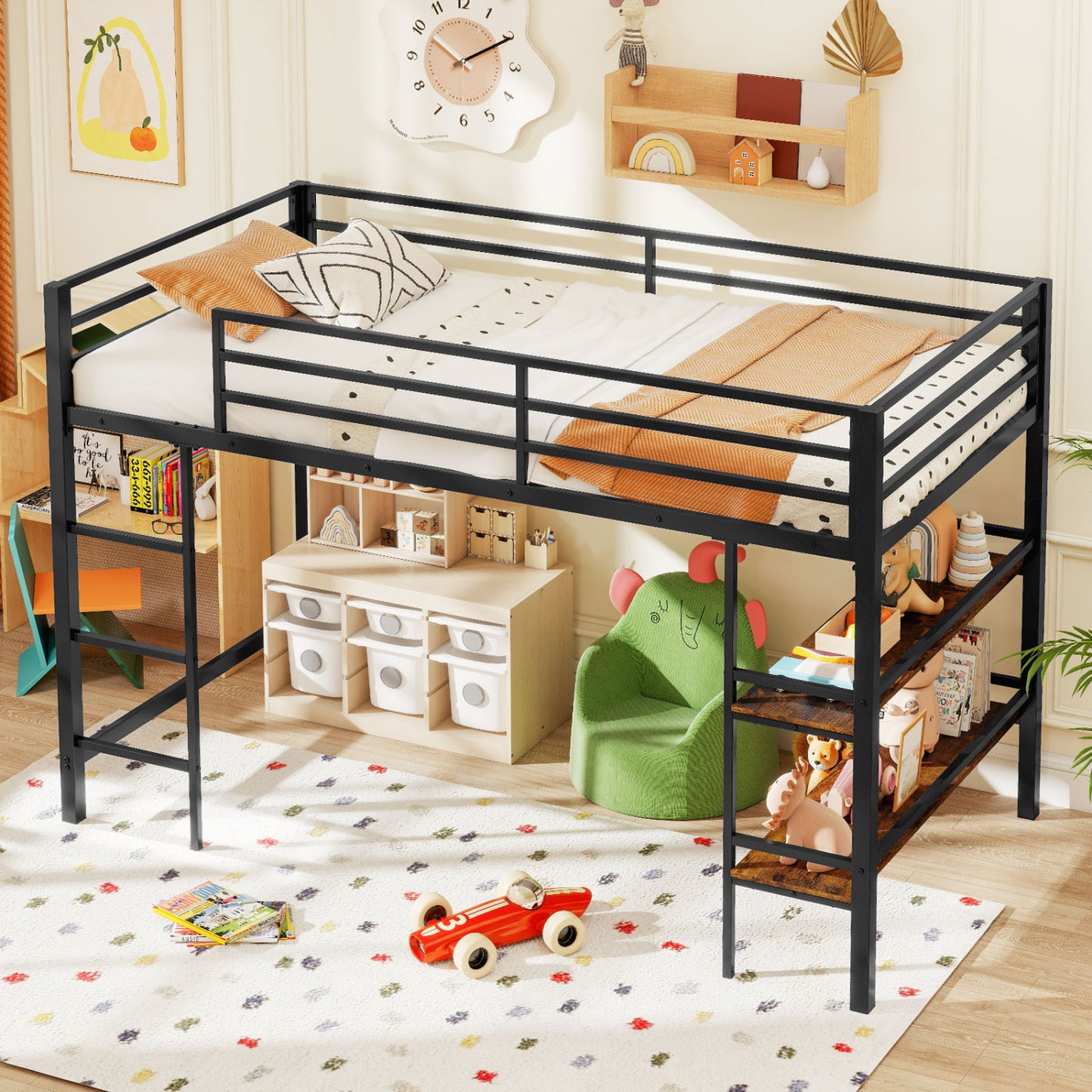Twin Low Loft Bed with Ladder, Shelves, Black