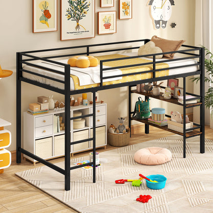 Twin Low Loft Bed with Ladder, Shelves, Black