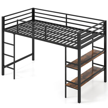 Twin Low Loft Bed with Ladder, Shelves, Black
