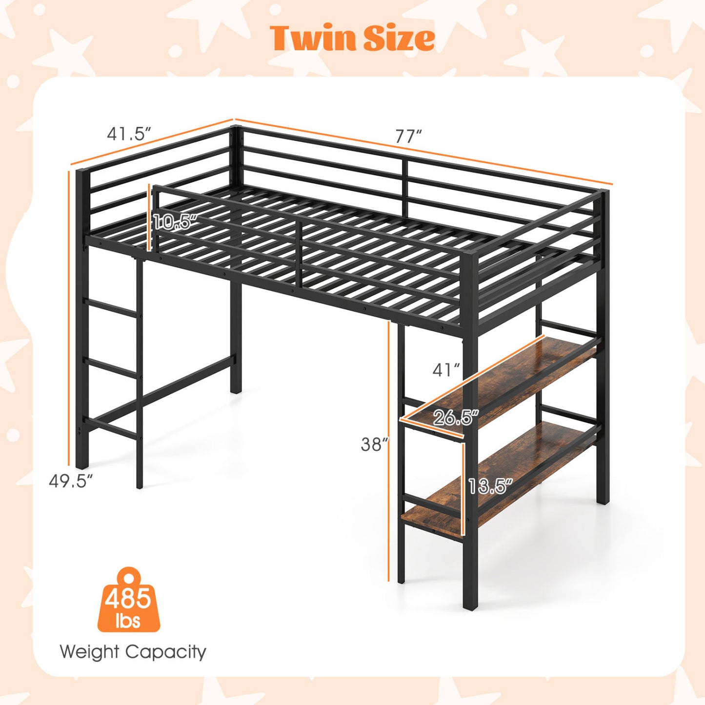Twin Low Loft Bed with Ladder, Shelves, Black
