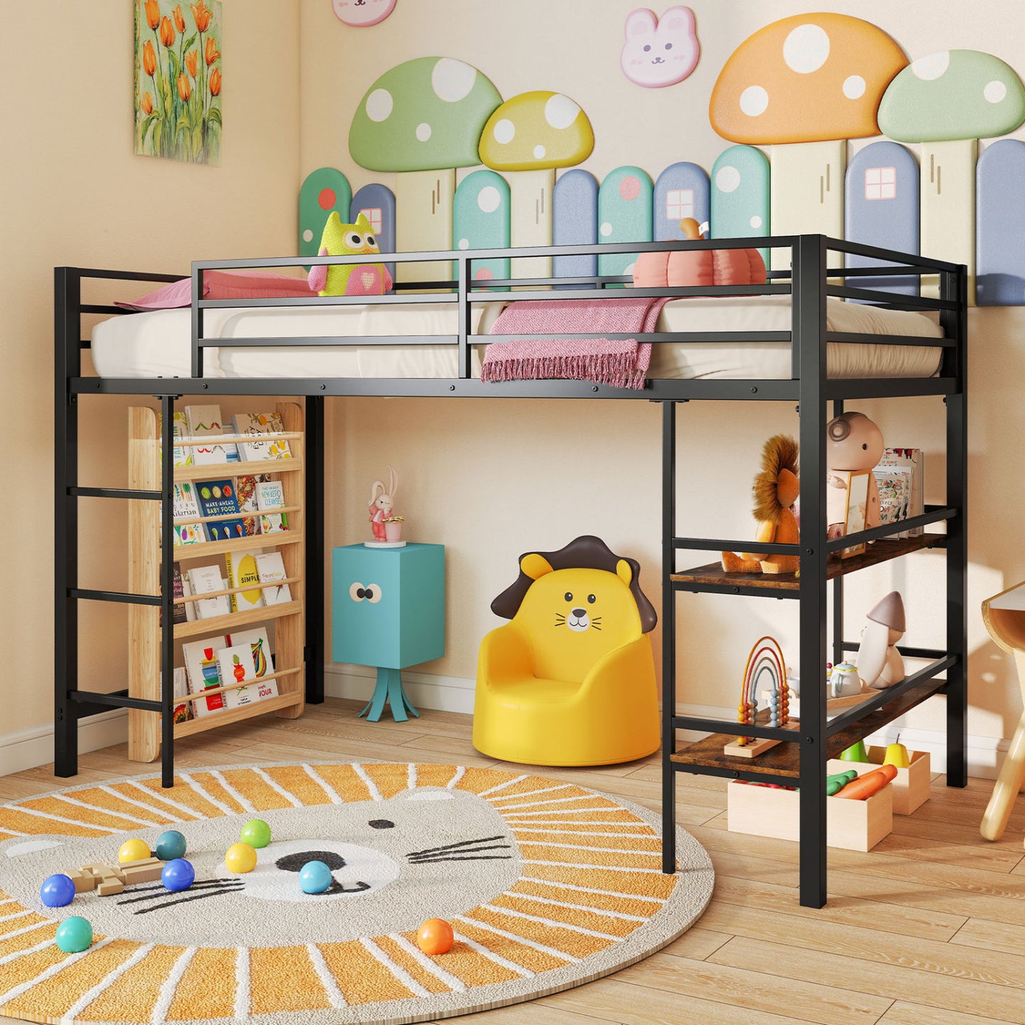 Twin Low Loft Bed with Ladder, Shelves, Black