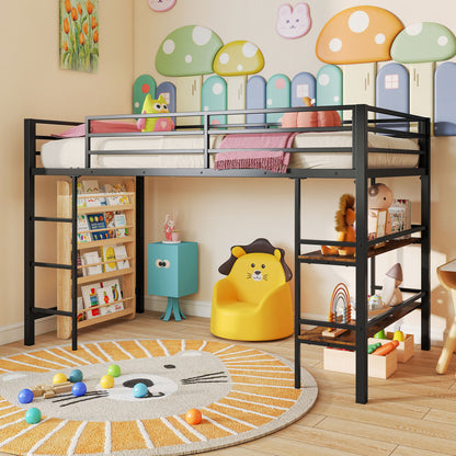 Twin Low Loft Bed with Ladder, Shelves, Black