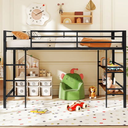Twin Low Loft Bed with Ladder, Shelves, Black
