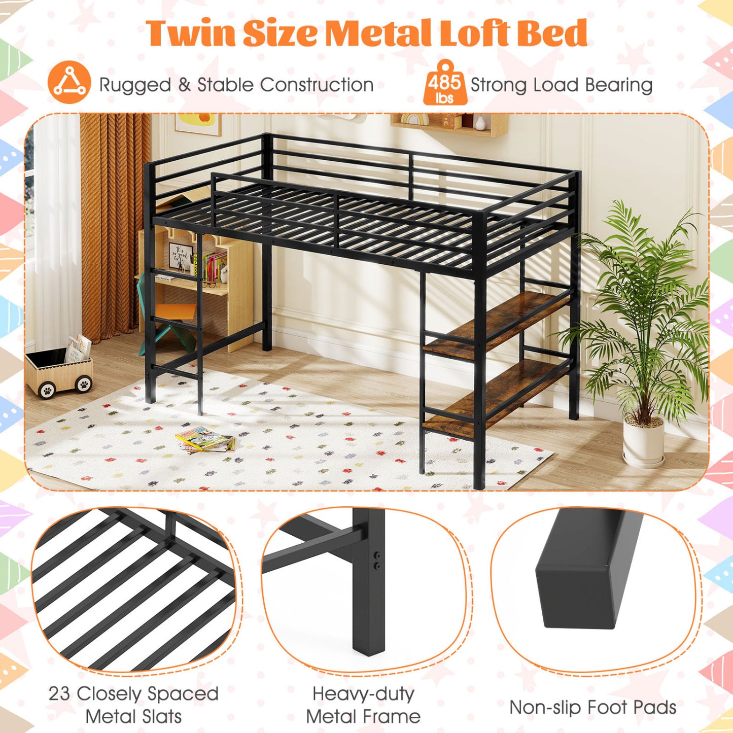 Twin Low Loft Bed with Ladder, Shelves, Black