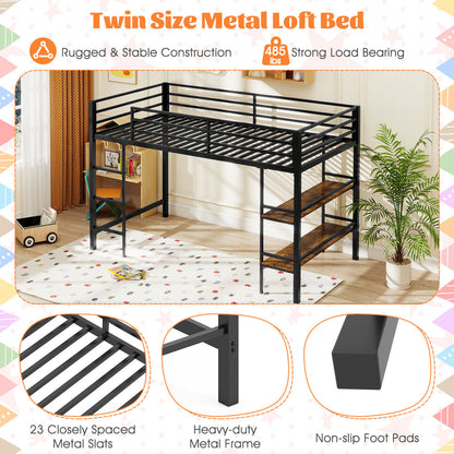 Twin Low Loft Bed with Ladder, Shelves, Black