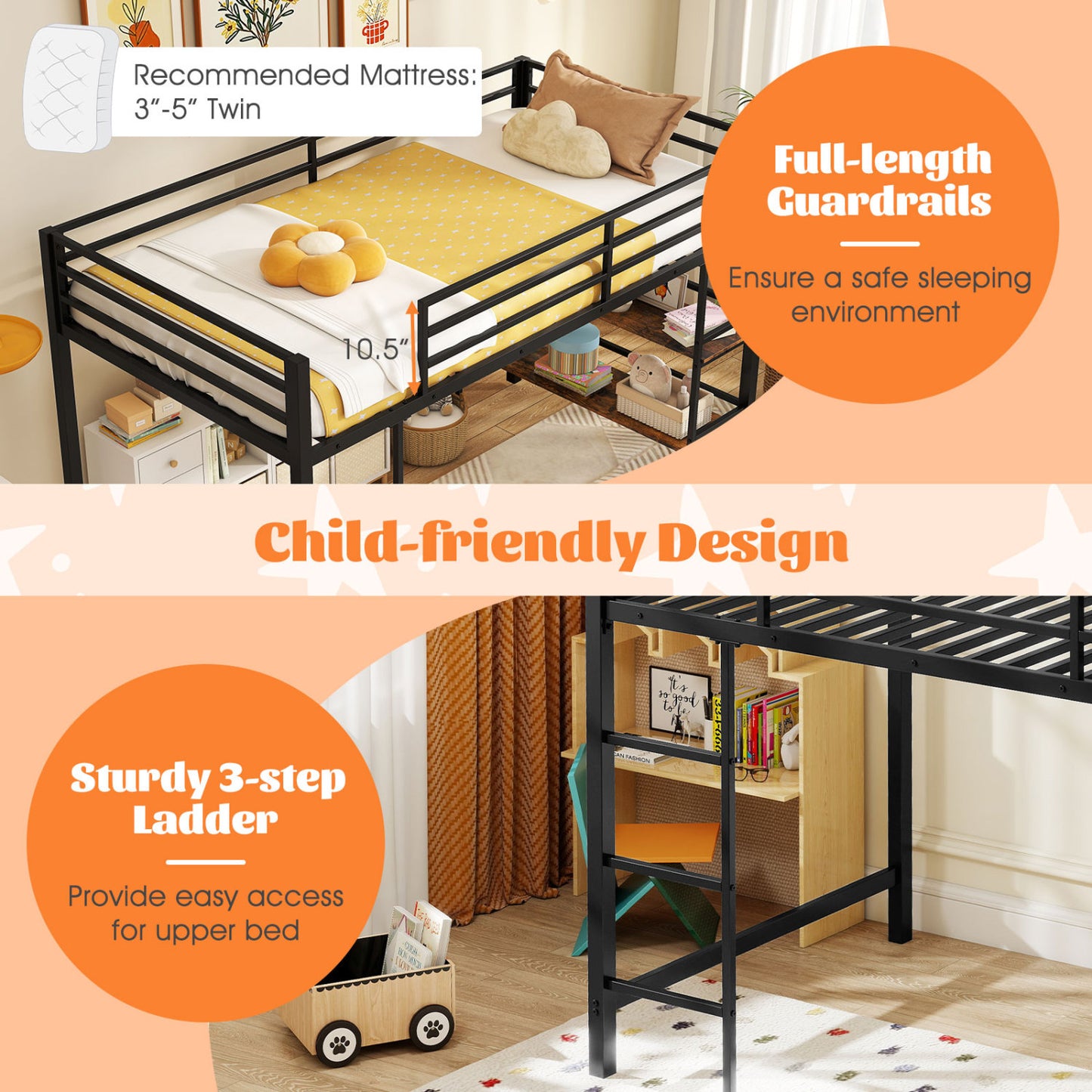 Twin Low Loft Bed with Ladder, Shelves, Black