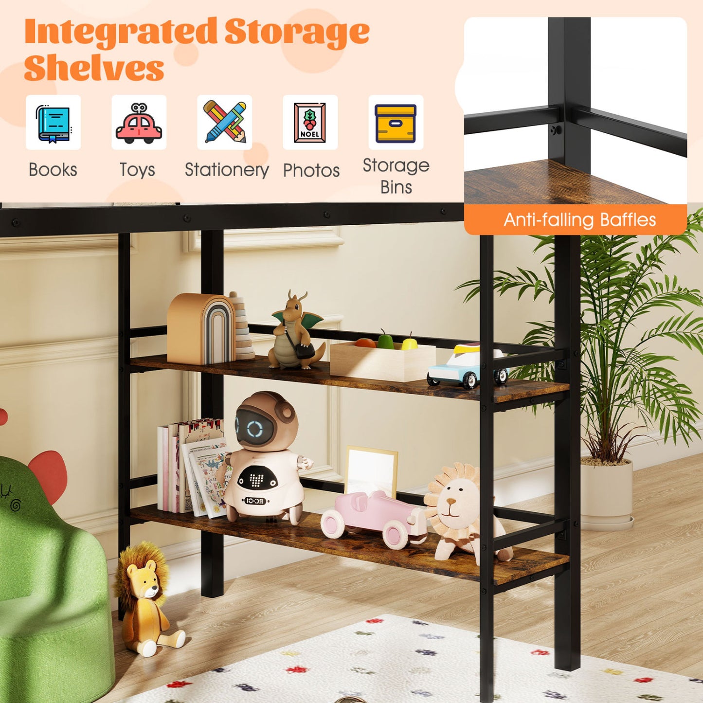 Twin Low Loft Bed with Ladder, Shelves, Black