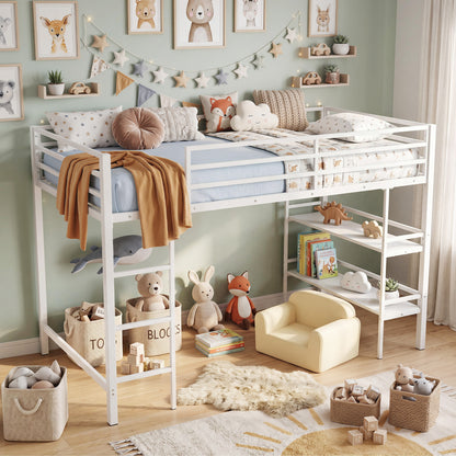 Twin Low Loft Bed with Ladder and Shelves, White