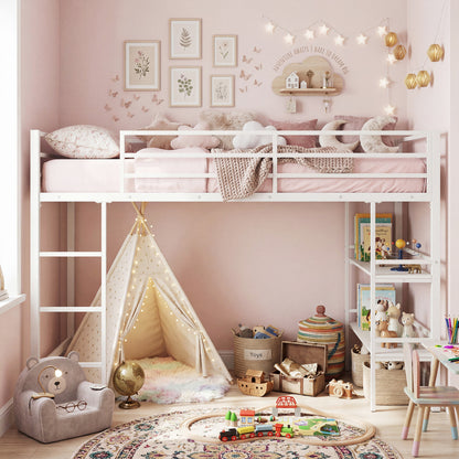 Twin Low Loft Bed with Ladder and Shelves, White