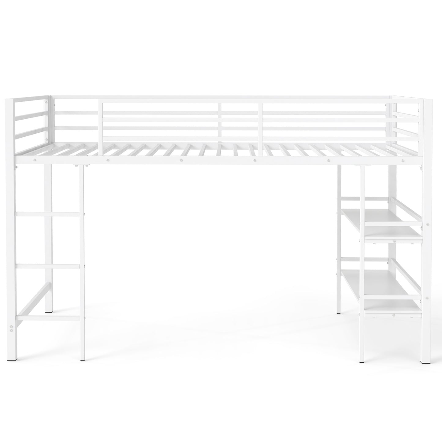Twin Low Loft Bed with Ladder and Shelves, White