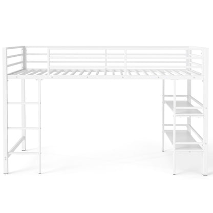 Twin Low Loft Bed with Ladder and Shelves, White