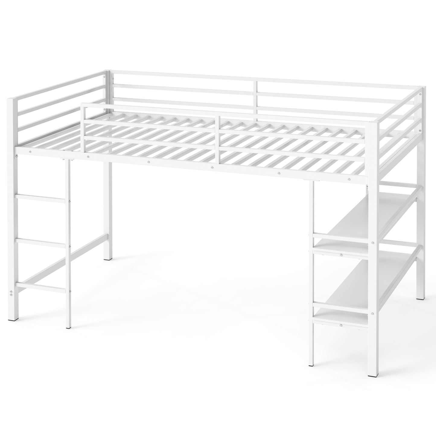 Twin Low Loft Bed with Ladder and Shelves, White