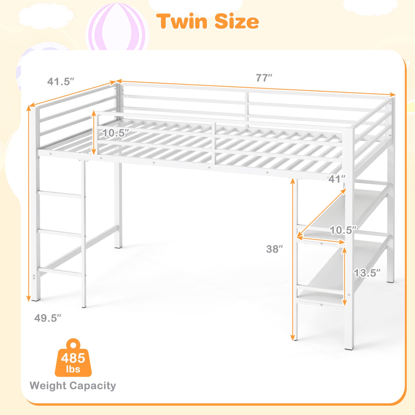 Twin Low Loft Bed with Ladder and Shelves, White
