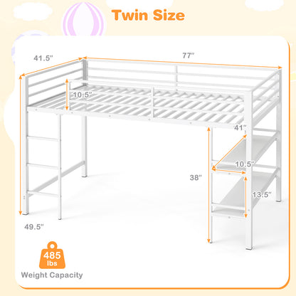 Twin Low Loft Bed with Ladder and Shelves, White