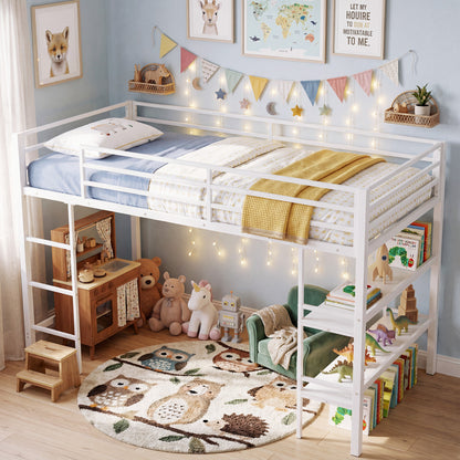 Twin Low Loft Bed with Ladder and Shelves, White