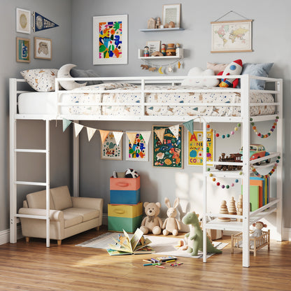 Twin Low Loft Bed with Ladder and Shelves, White