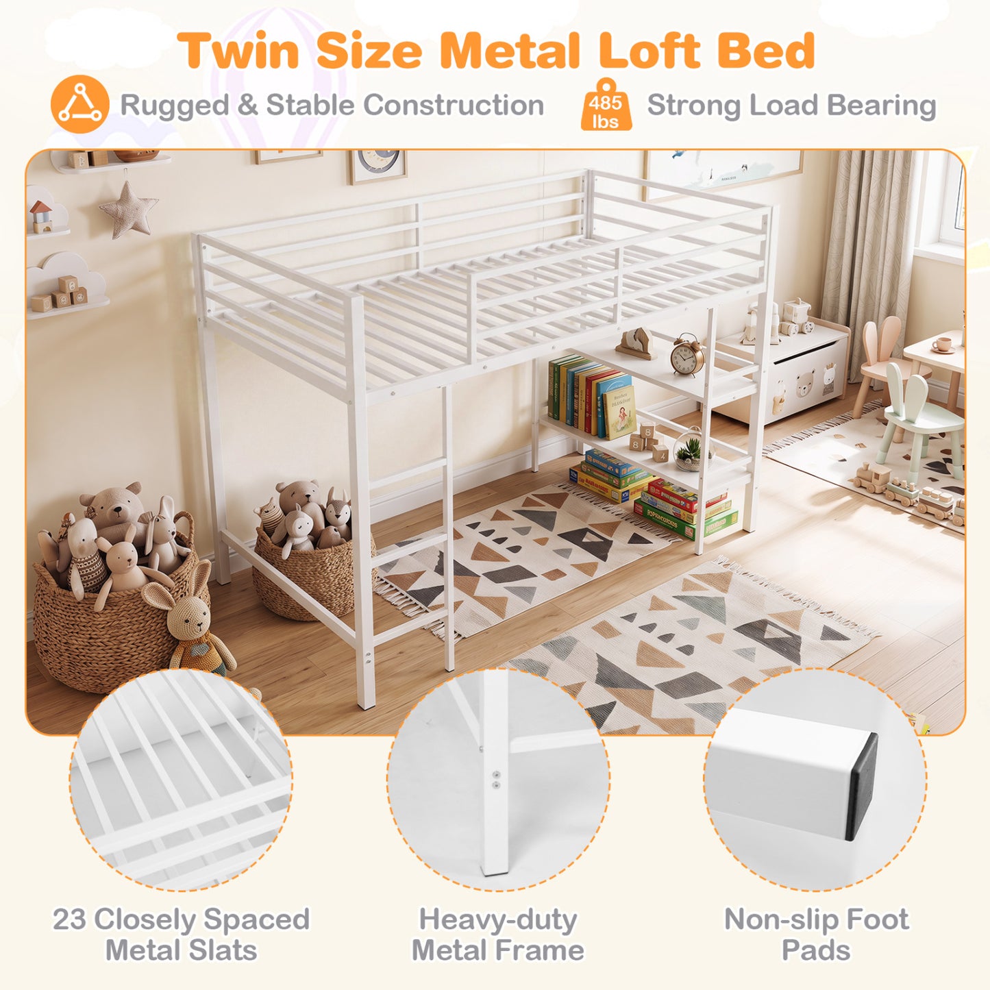 Twin Low Loft Bed with Ladder and Shelves, White
