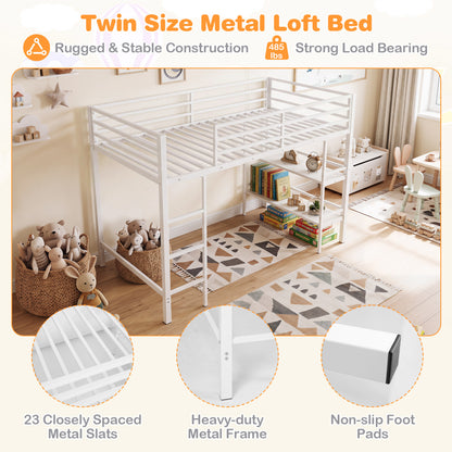 Twin Low Loft Bed with Ladder and Shelves, White