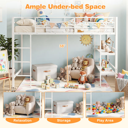 Twin Low Loft Bed with Ladder and Shelves, White