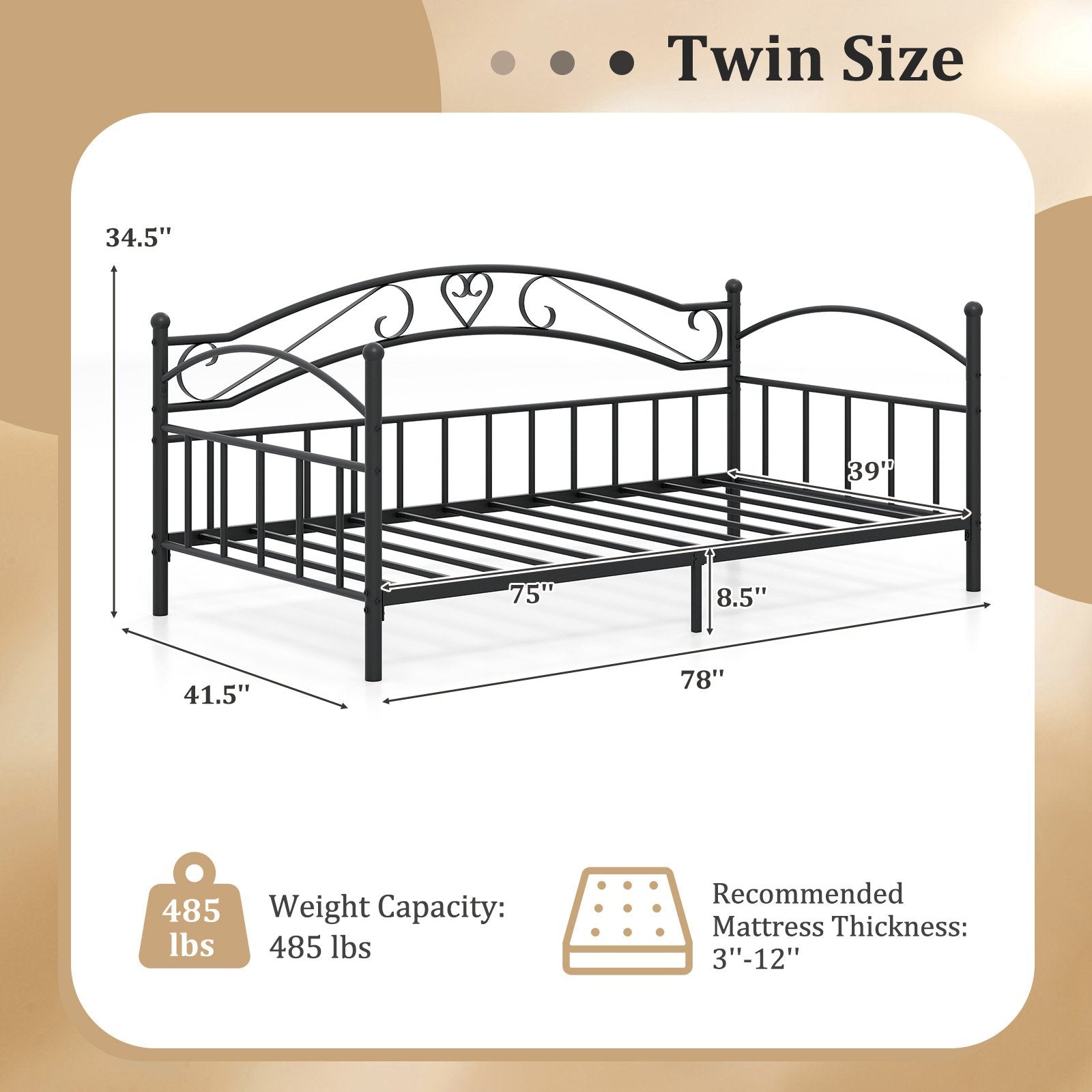Twin Size Metal Daybed Frame with Headboard for Bedroom, Black Trundle Bed Frame at Gallery Canada