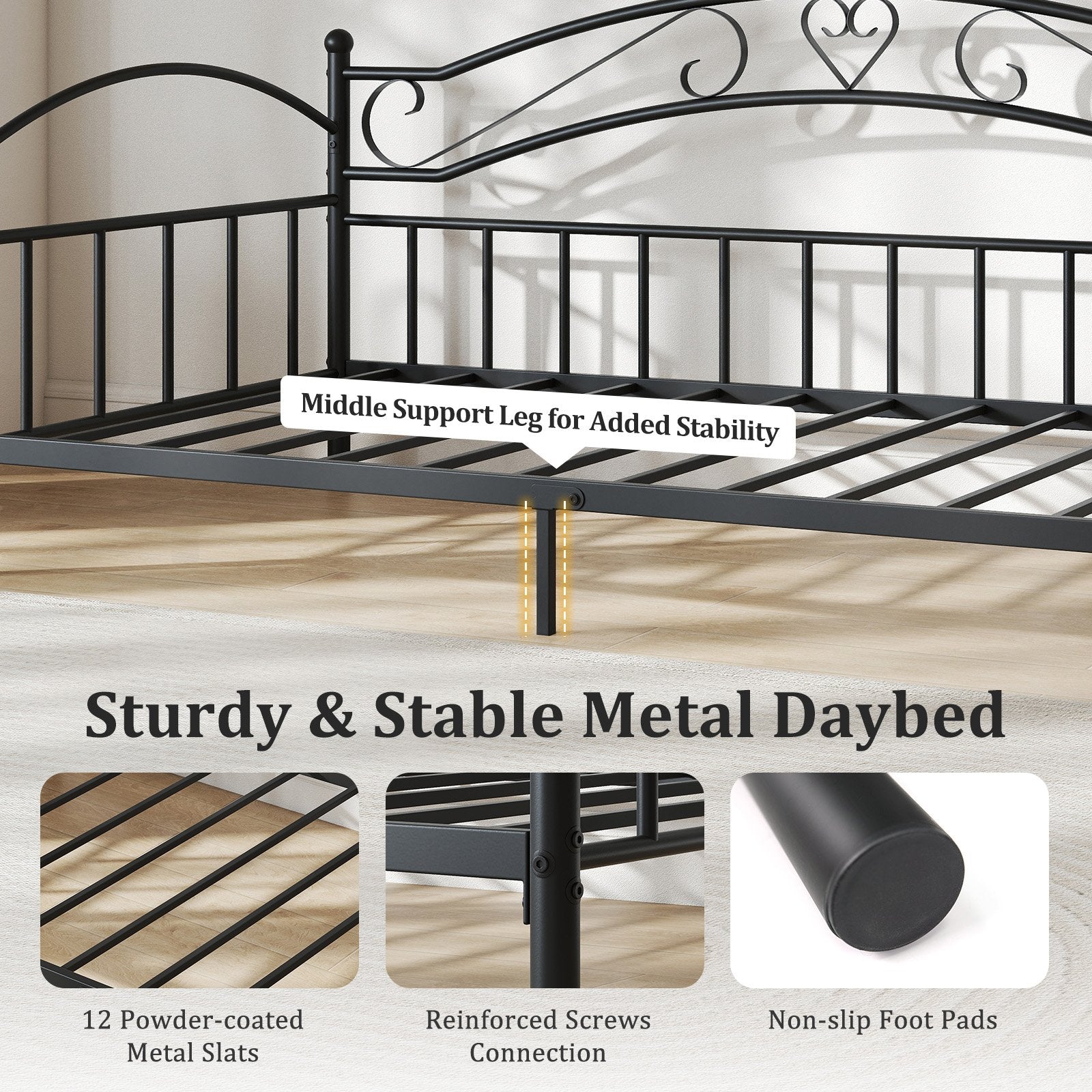 Twin Size Metal Daybed Frame with Headboard for Bedroom, Black Trundle Bed Frame at Gallery Canada