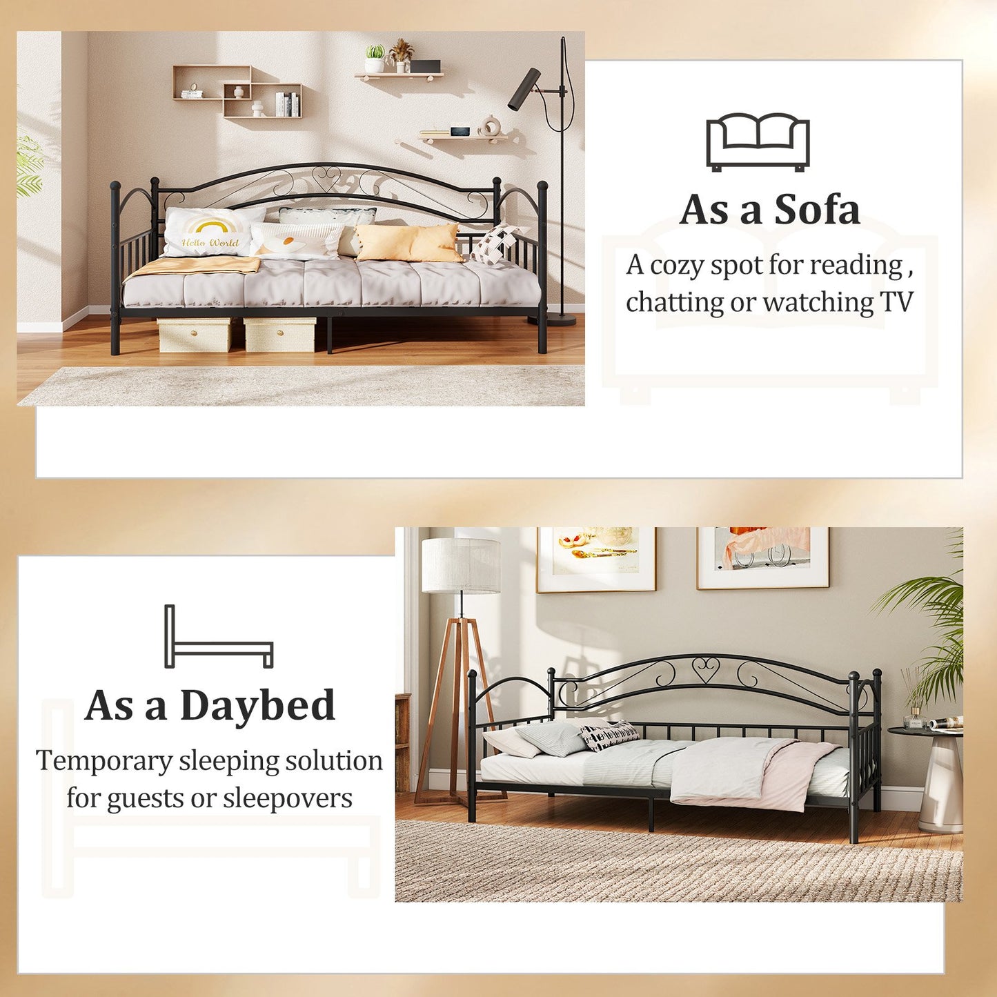 Twin Size Metal Daybed Frame with Headboard for Bedroom, Black Trundle Bed Frame at Gallery Canada