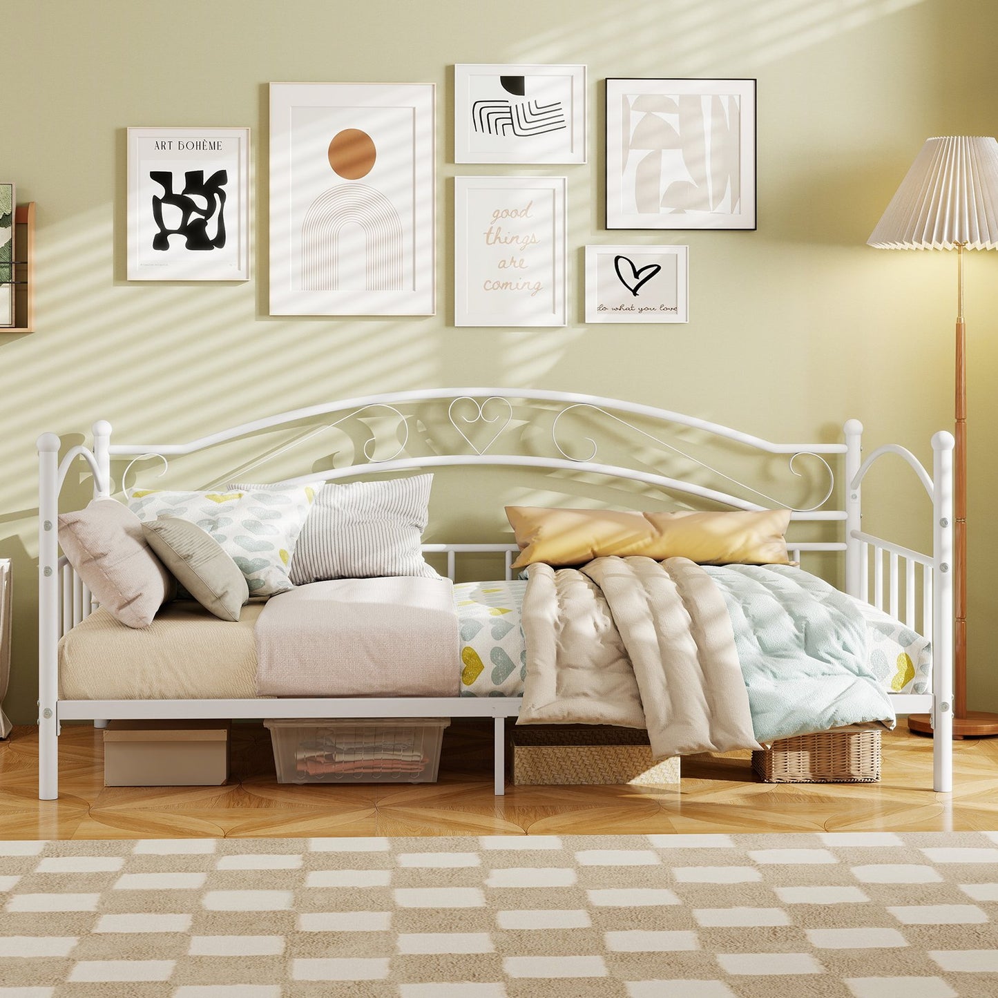 Twin Size Metal Daybed Frame with Headboard for Bedroom, White Trundle Bed Frame at Gallery Canada