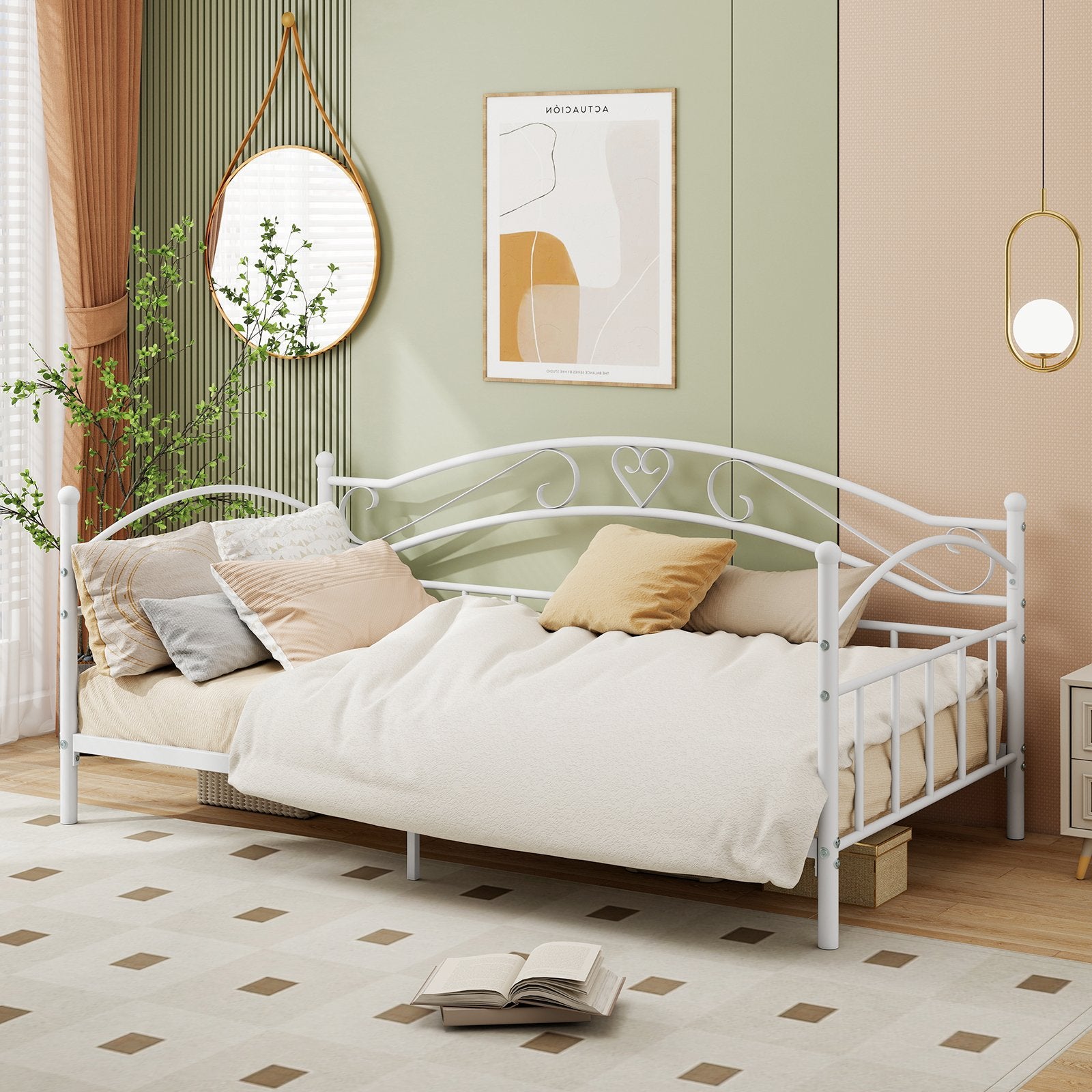 Twin Size Metal Daybed Frame with Headboard for Bedroom, White Trundle Bed Frame at Gallery Canada