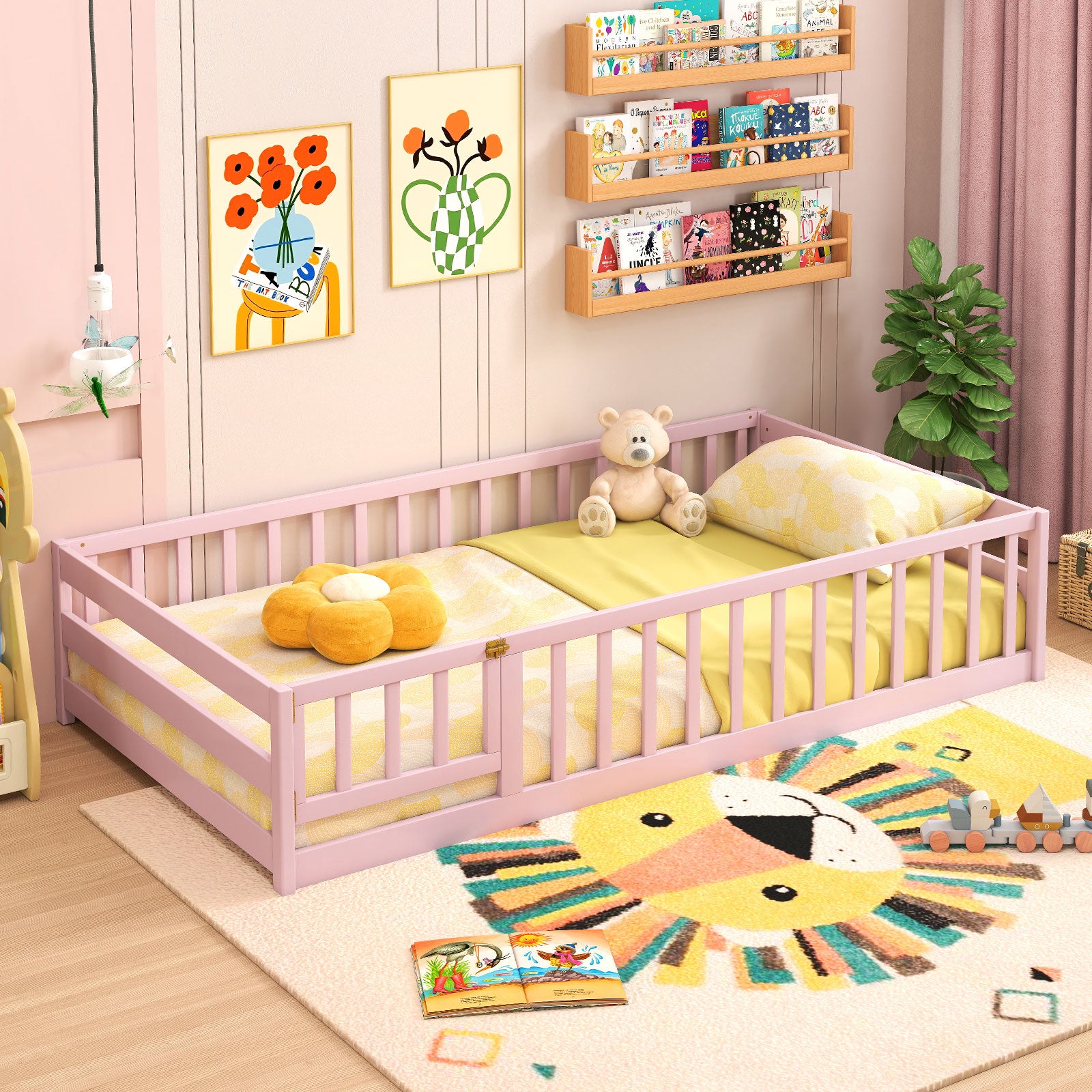 Twin Size Montessori Floor Bed Frame with Full Length Safety Guardrails, Pink Toddler Beds at Gallery Canada