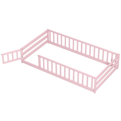 Twin Size Montessori Floor Bed Frame, Full Length Safety Guardrails, Pink Toddler Beds Pink at Gallery Canada