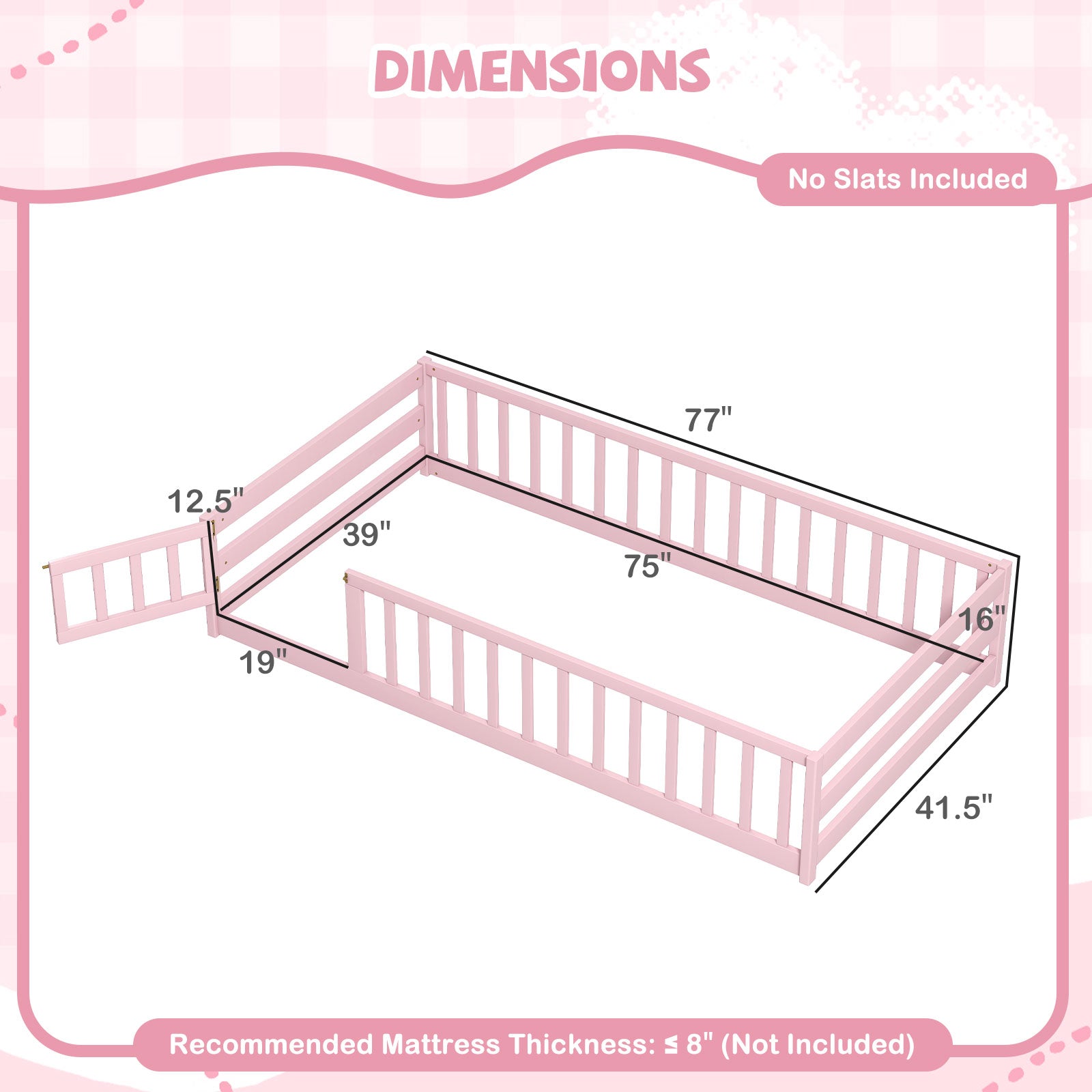 Twin Size Montessori Floor Bed Frame with Full Length Safety Guardrails, Pink Toddler Beds at Gallery Canada
