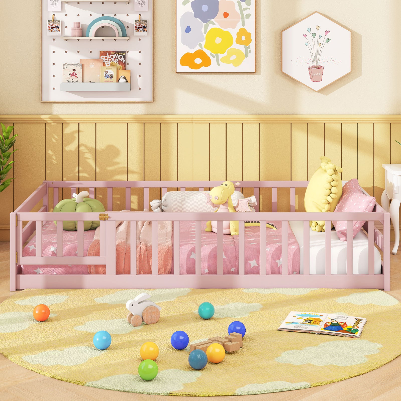 Twin Size Montessori Floor Bed Frame with Full Length Safety Guardrails, Pink Toddler Beds at Gallery Canada