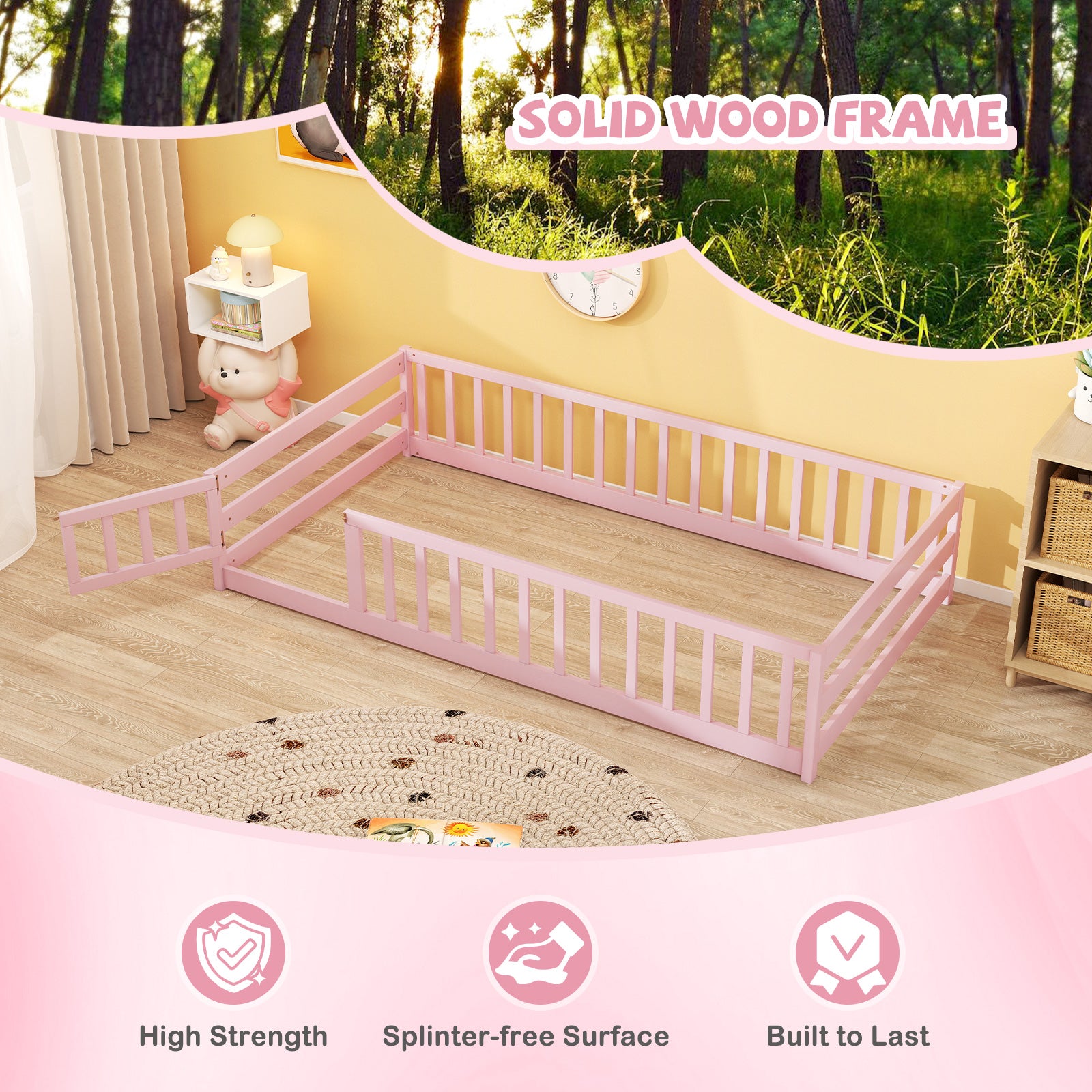 Twin Size Montessori Floor Bed Frame with Full Length Safety Guardrails, Pink Toddler Beds at Gallery Canada