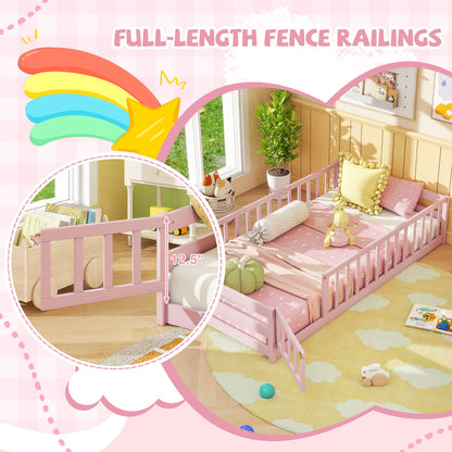 Twin Size Montessori Floor Bed Frame with Full Length Safety Guardrails, Pink Toddler Beds at Gallery Canada