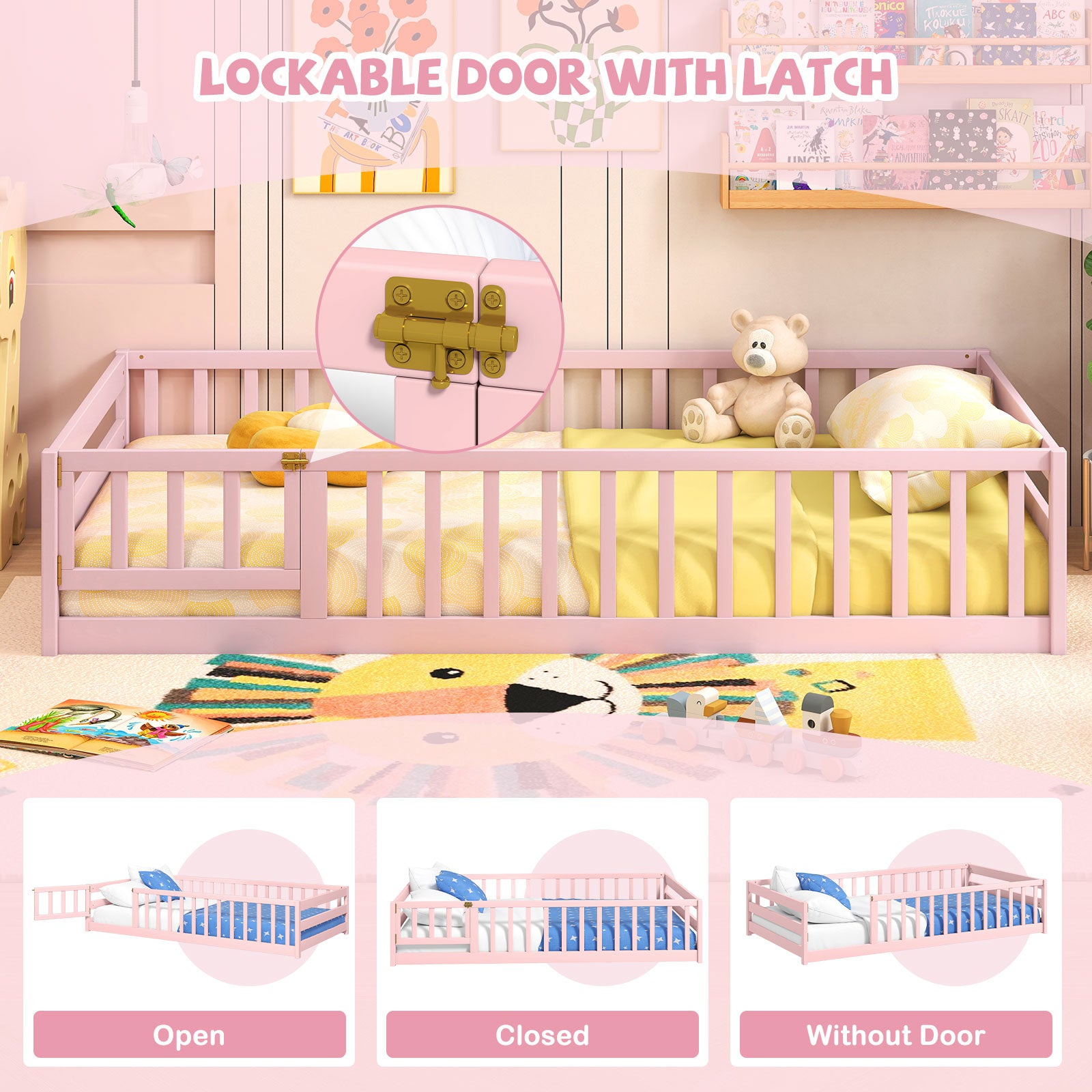 Twin Size Montessori Floor Bed Frame with Full Length Safety Guardrails, Pink Toddler Beds at Gallery Canada