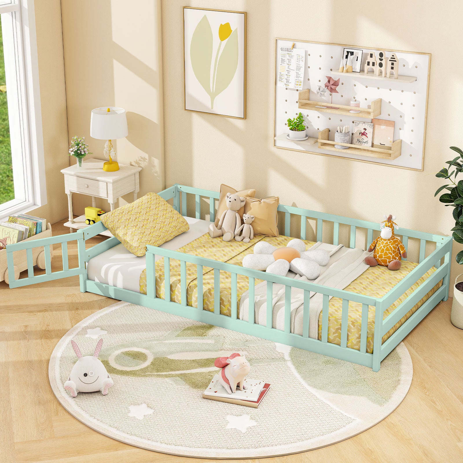 Twin Size Montessori Floor Bed Frame with Full Length Safety Guardrails, Green Toddler Beds at Gallery Canada