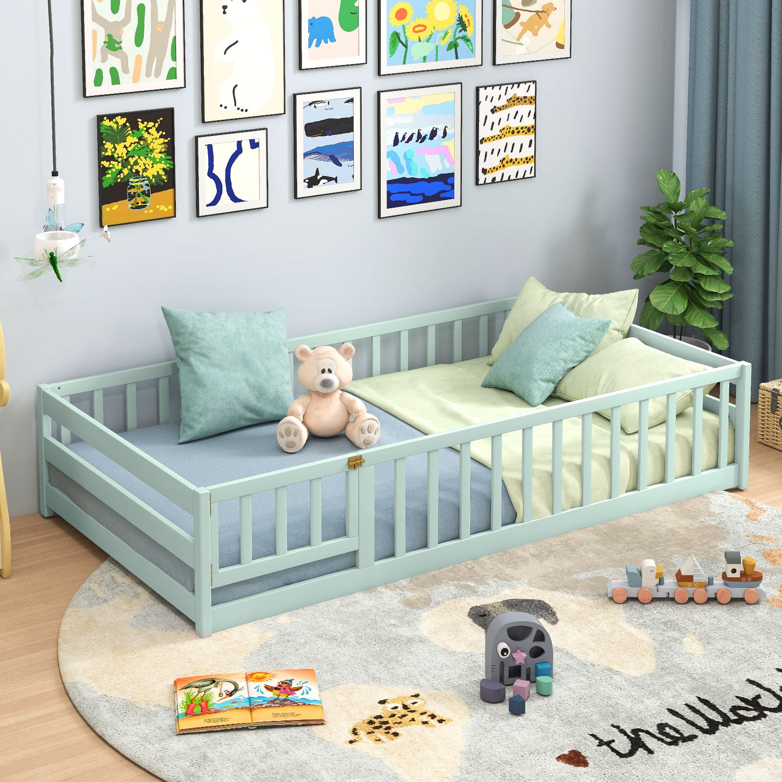 Twin Size Montessori Floor Bed Frame with Full Length Safety Guardrails, Green Toddler Beds at Gallery Canada