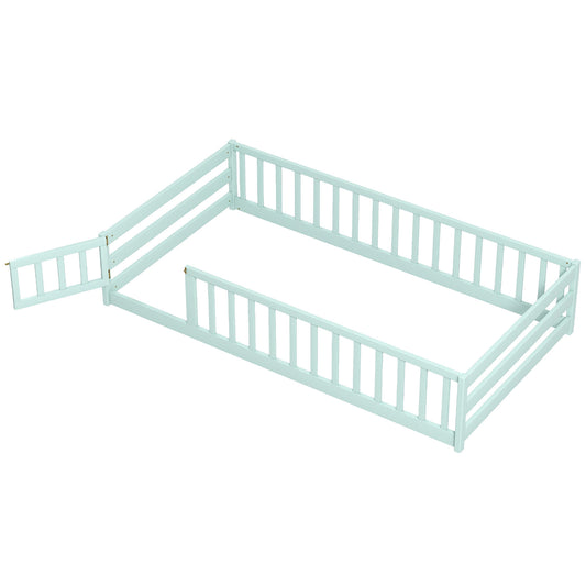 Twin Size Montessori Floor Bed Frame, Full Length Safety Guardrails, Green