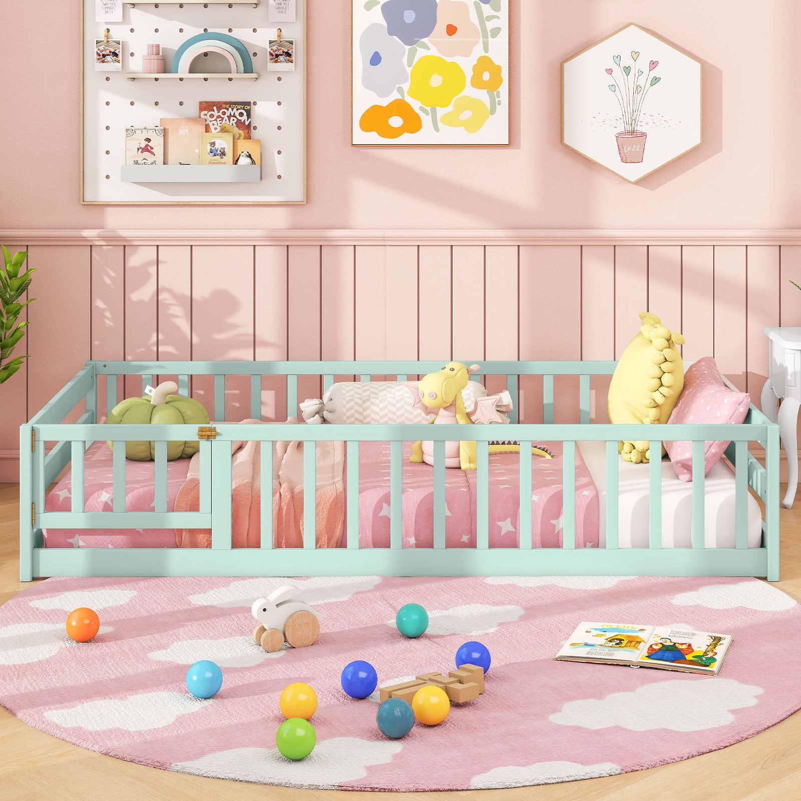 Twin Size Montessori Floor Bed Frame with Full Length Safety Guardrails, Green Toddler Beds at Gallery Canada