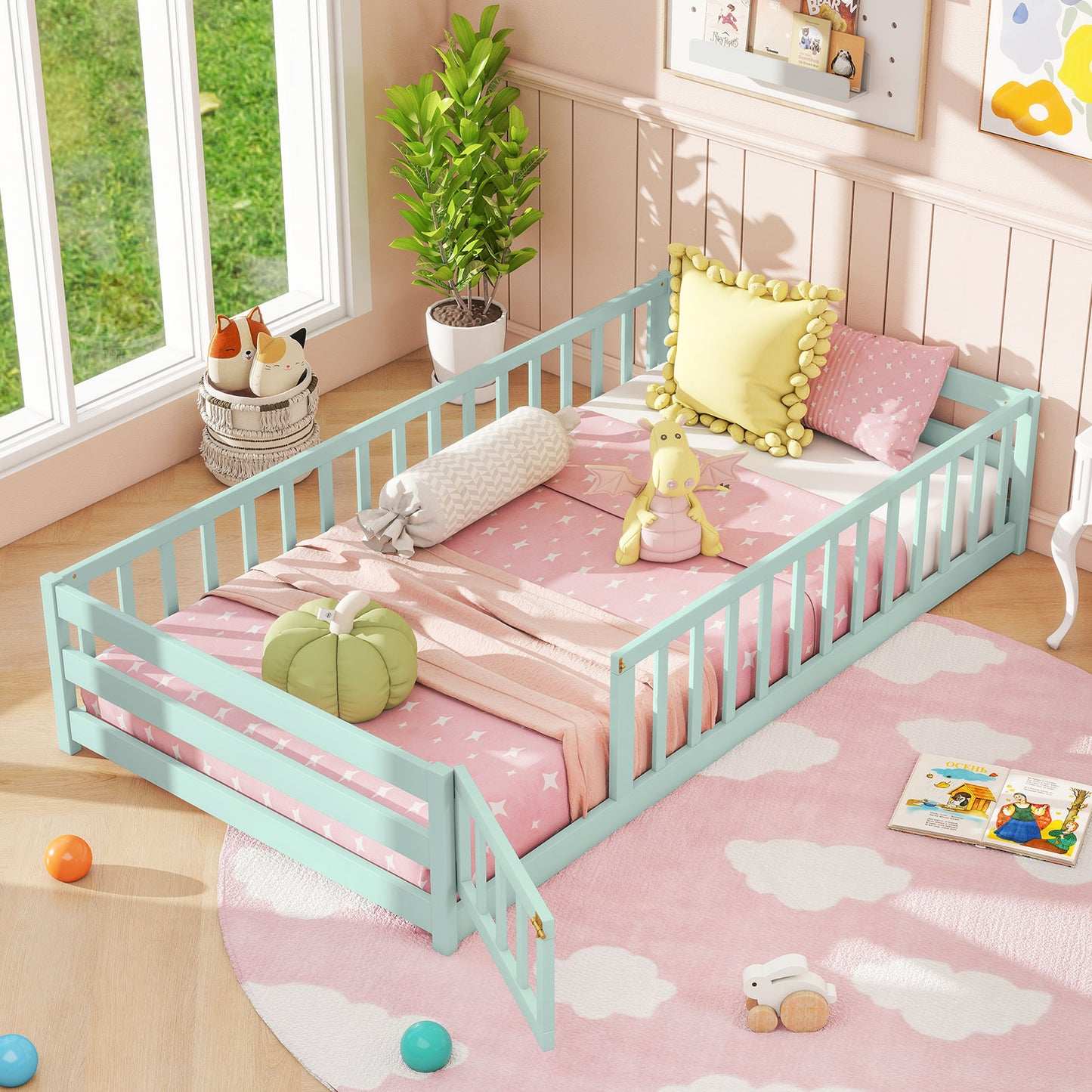 Twin Size Montessori Floor Bed Frame with Full Length Safety Guardrails, Green Toddler Beds at Gallery Canada