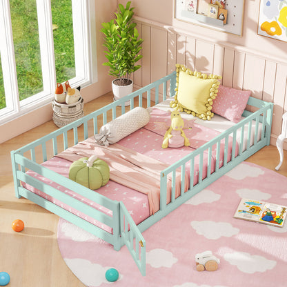 Twin Size Montessori Floor Bed Frame with Full Length Safety Guardrails, Green Toddler Beds at Gallery Canada