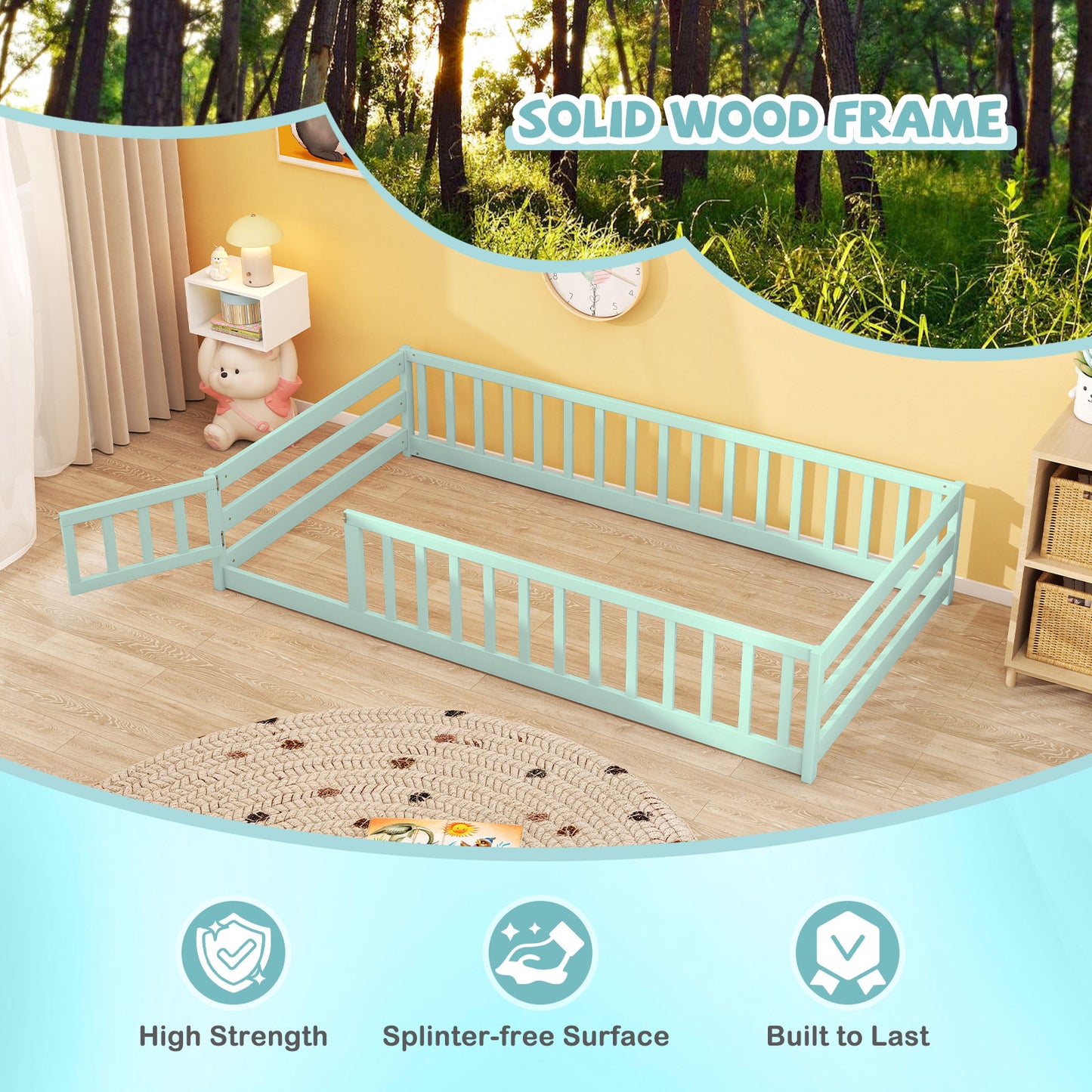 Twin Size Montessori Floor Bed Frame with Full Length Safety Guardrails, Green Toddler Beds at Gallery Canada