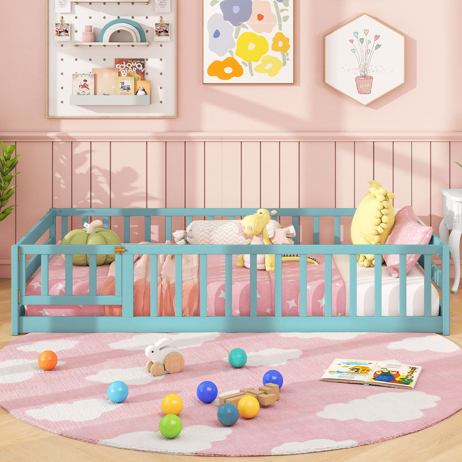 Twin Size Montessori Floor Bed Frame with Full Length Safety Guardrails, Dark Green Toddler Beds at Gallery Canada