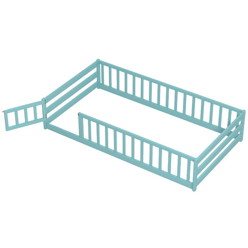 Twin Size Floor Bed Frame, Full Safety Guardrails, Dark Green