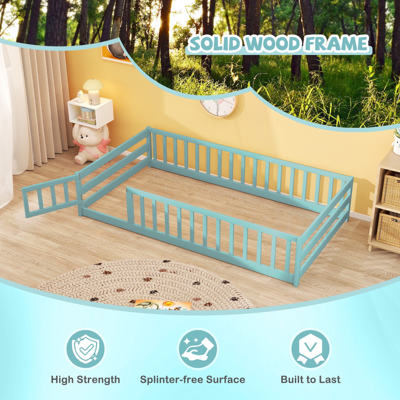Twin Size Montessori Floor Bed Frame with Full Length Safety Guardrails, Dark Green Toddler Beds at Gallery Canada