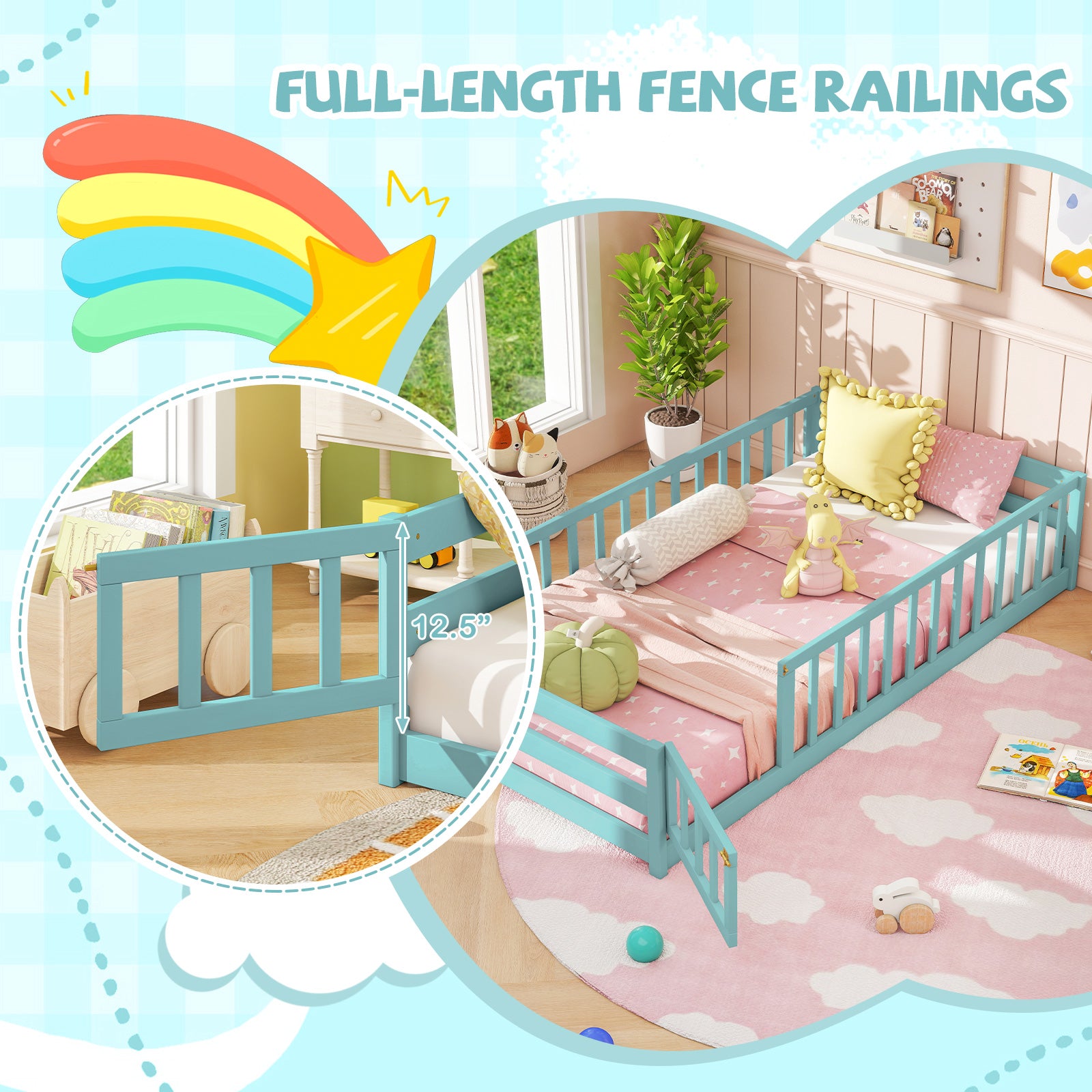 Twin Size Montessori Floor Bed Frame with Full Length Safety Guardrails, Dark Green Toddler Beds at Gallery Canada