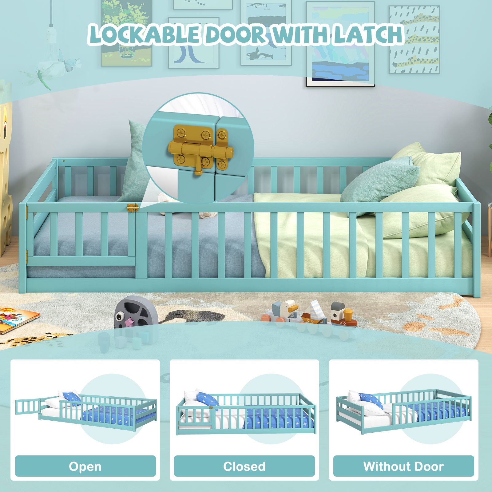 Twin Size Montessori Floor Bed Frame with Full Length Safety Guardrails, Dark Green Toddler Beds at Gallery Canada