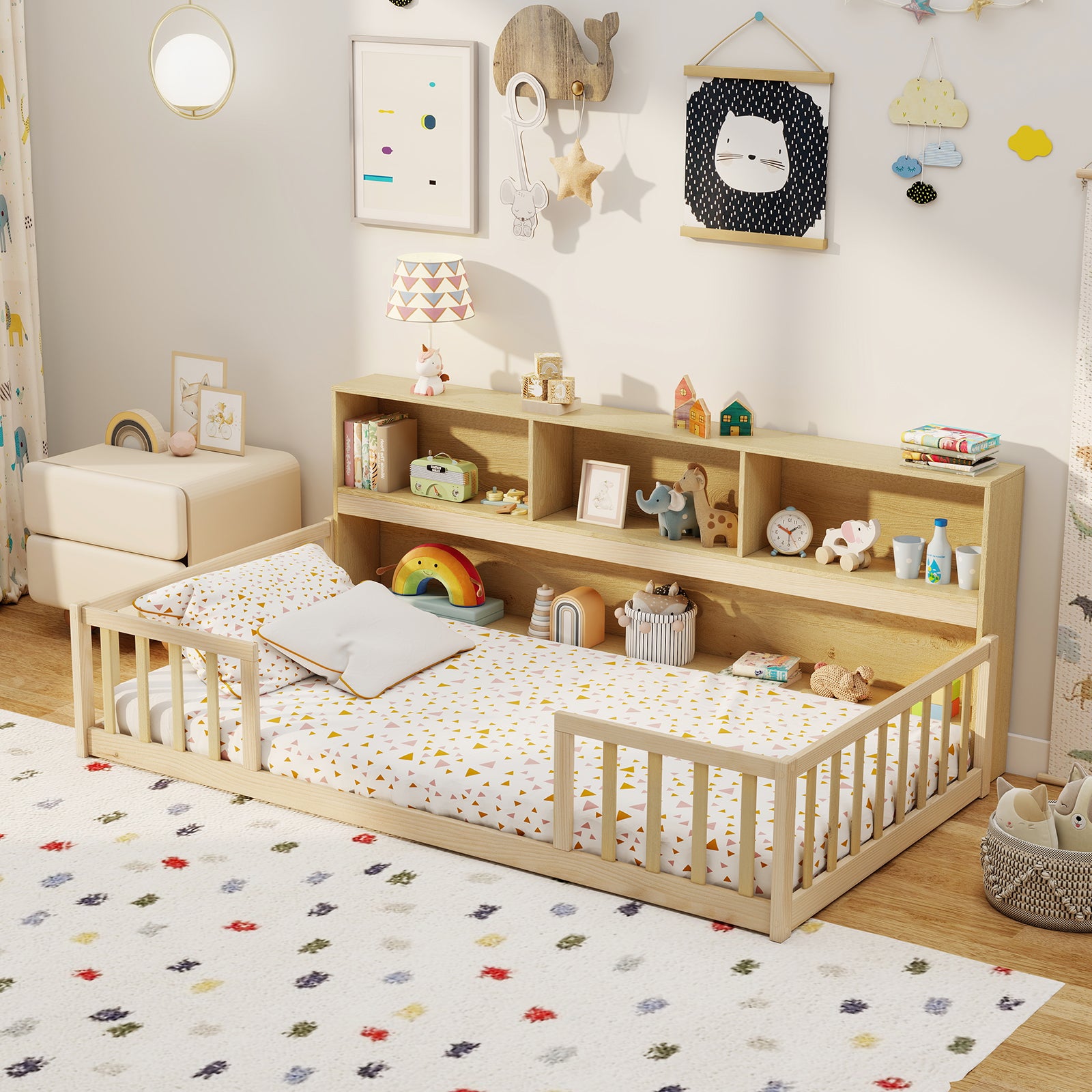 Twin Size Montessori Floor Bed With Bookcase, Natural Trundle Bed Frame at Gallery Canada